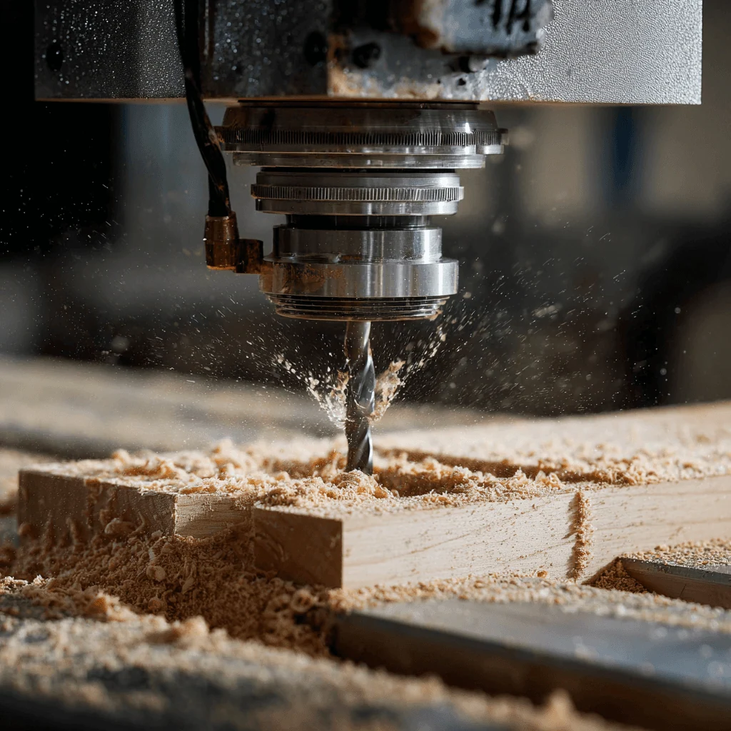 A machining tool shaping a wooden surface