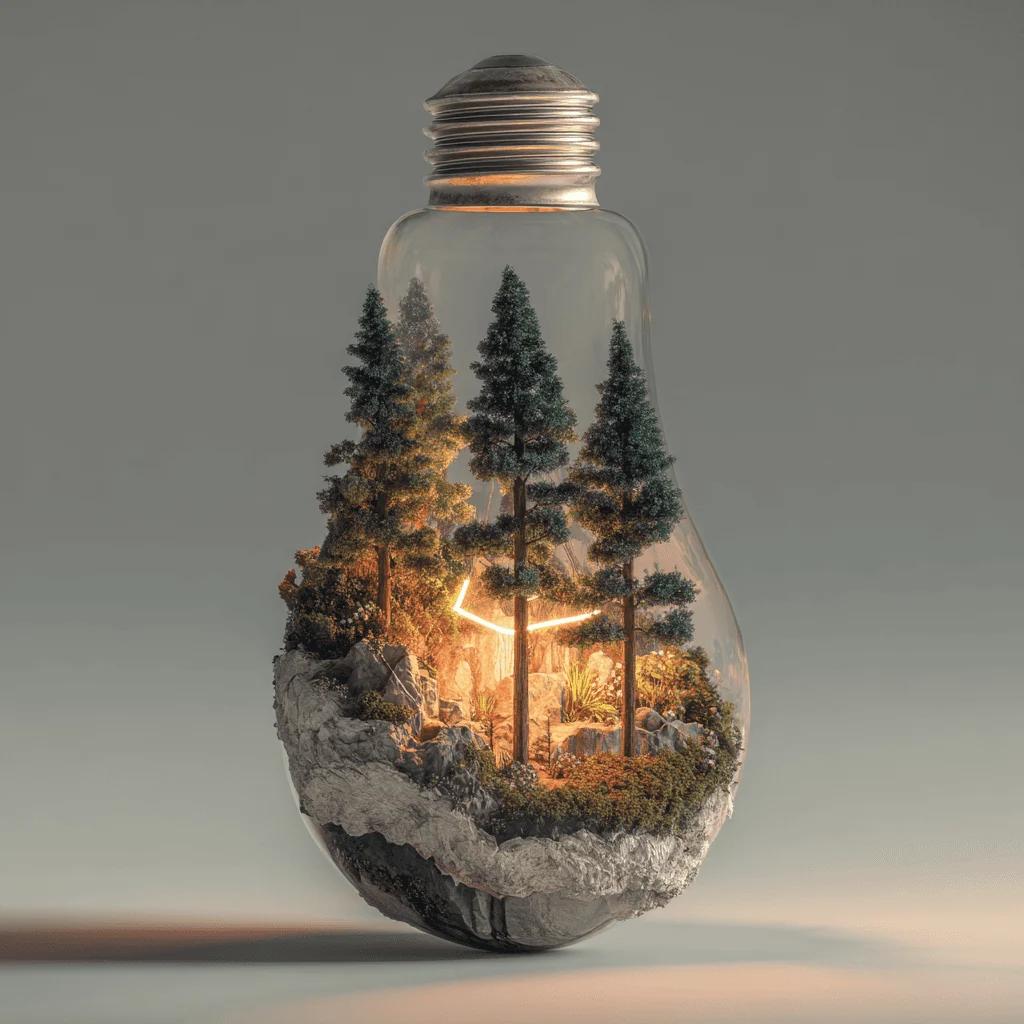 An imaginative miniature forest inside a light bulb