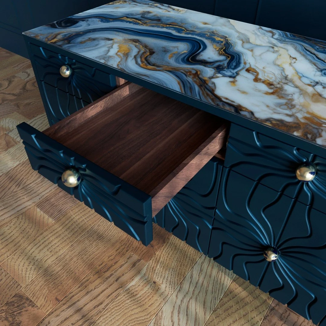 Open drawer and interior of Dark-Blue
