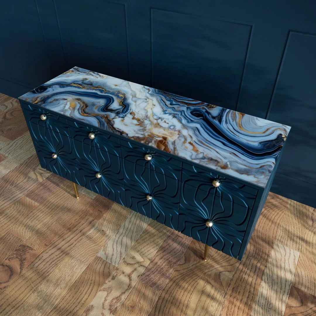 Top view of the blue and gold marbled artwork