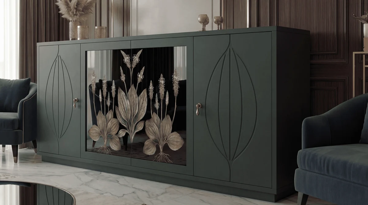 Obako green sideboard with a central botanical panel