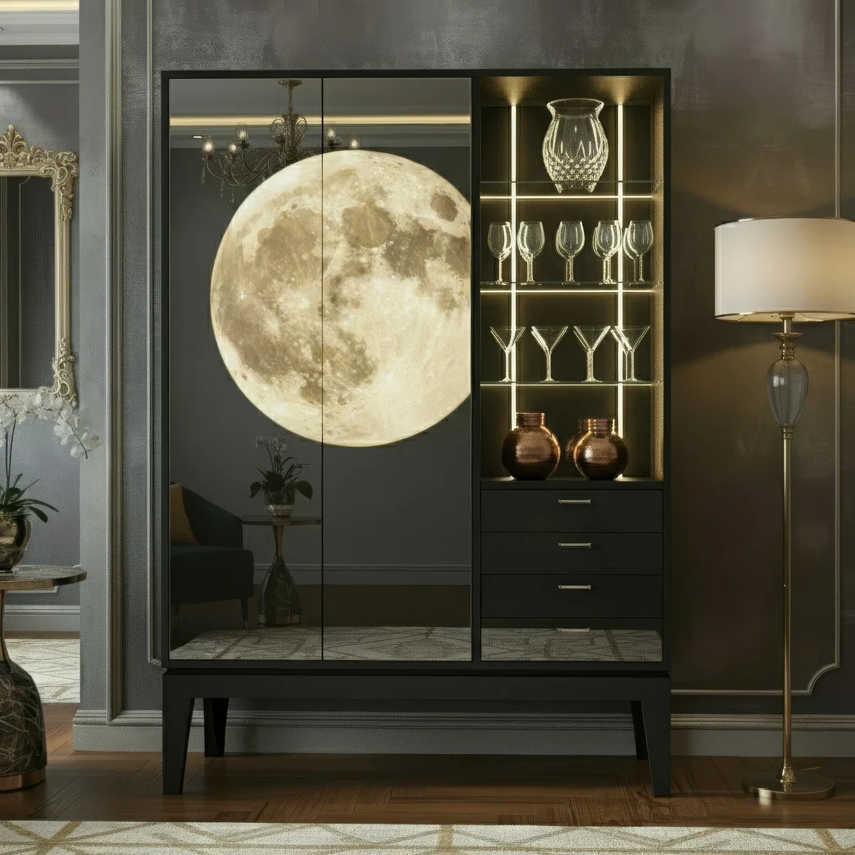 Moon buffet shelving and illuminated display
