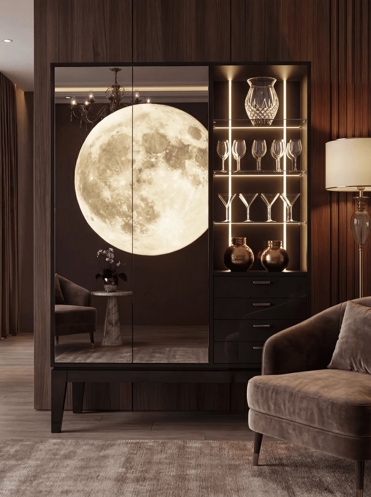 Moon buffet with an illuminated lunar centrepiece