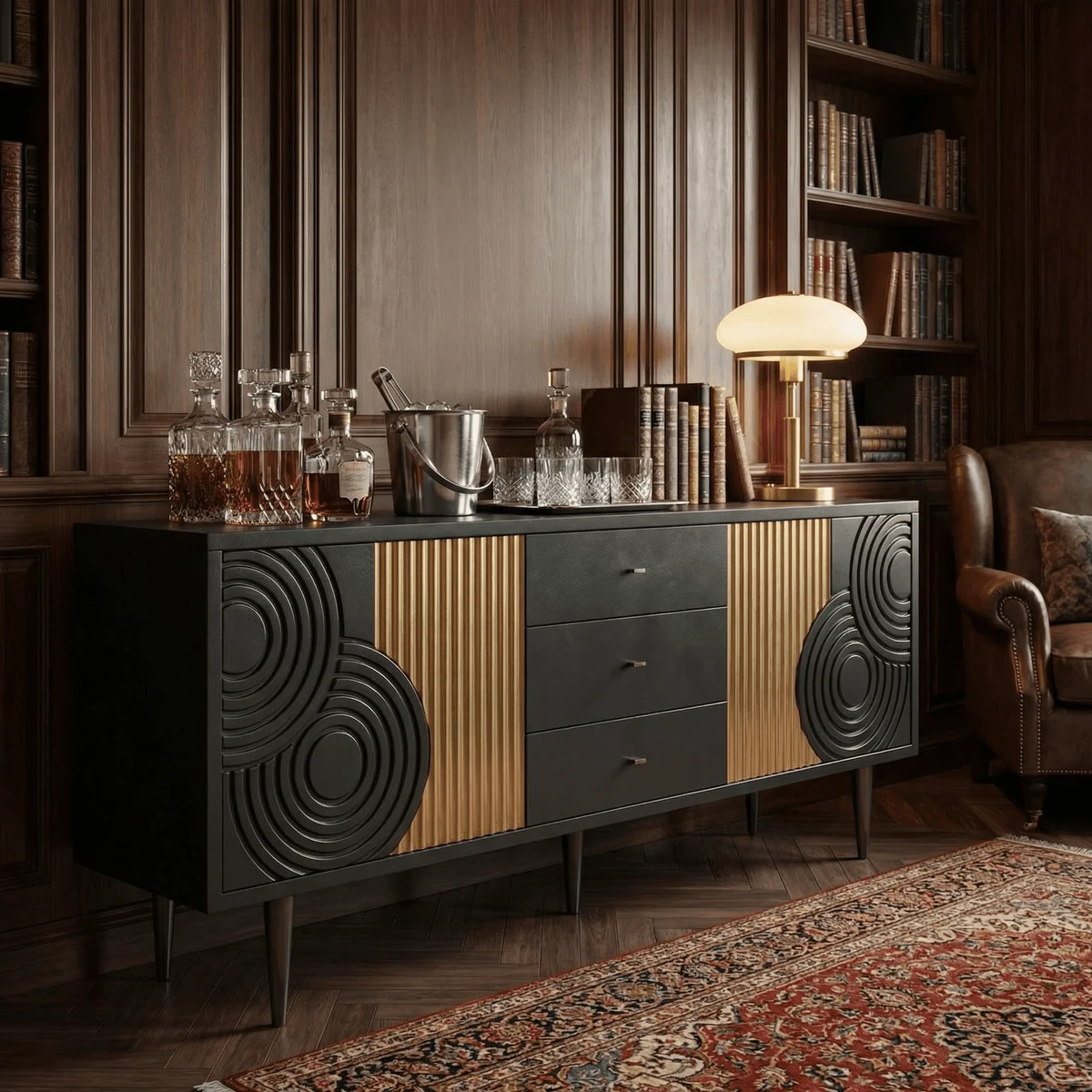 Ruyi sculptural sideboard in a dark interior